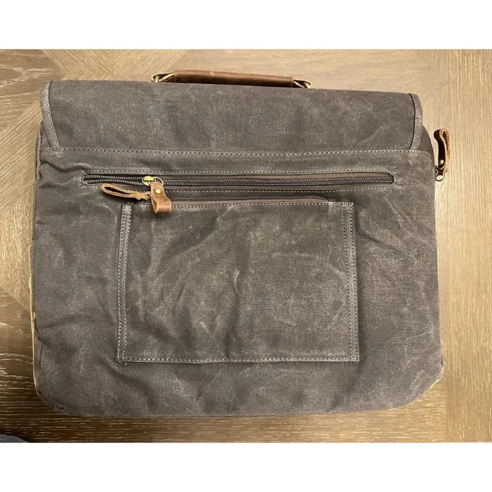 Men's Dark Grey Genuine Leather Canvas Water Resistant Satchel Shoulder Bag